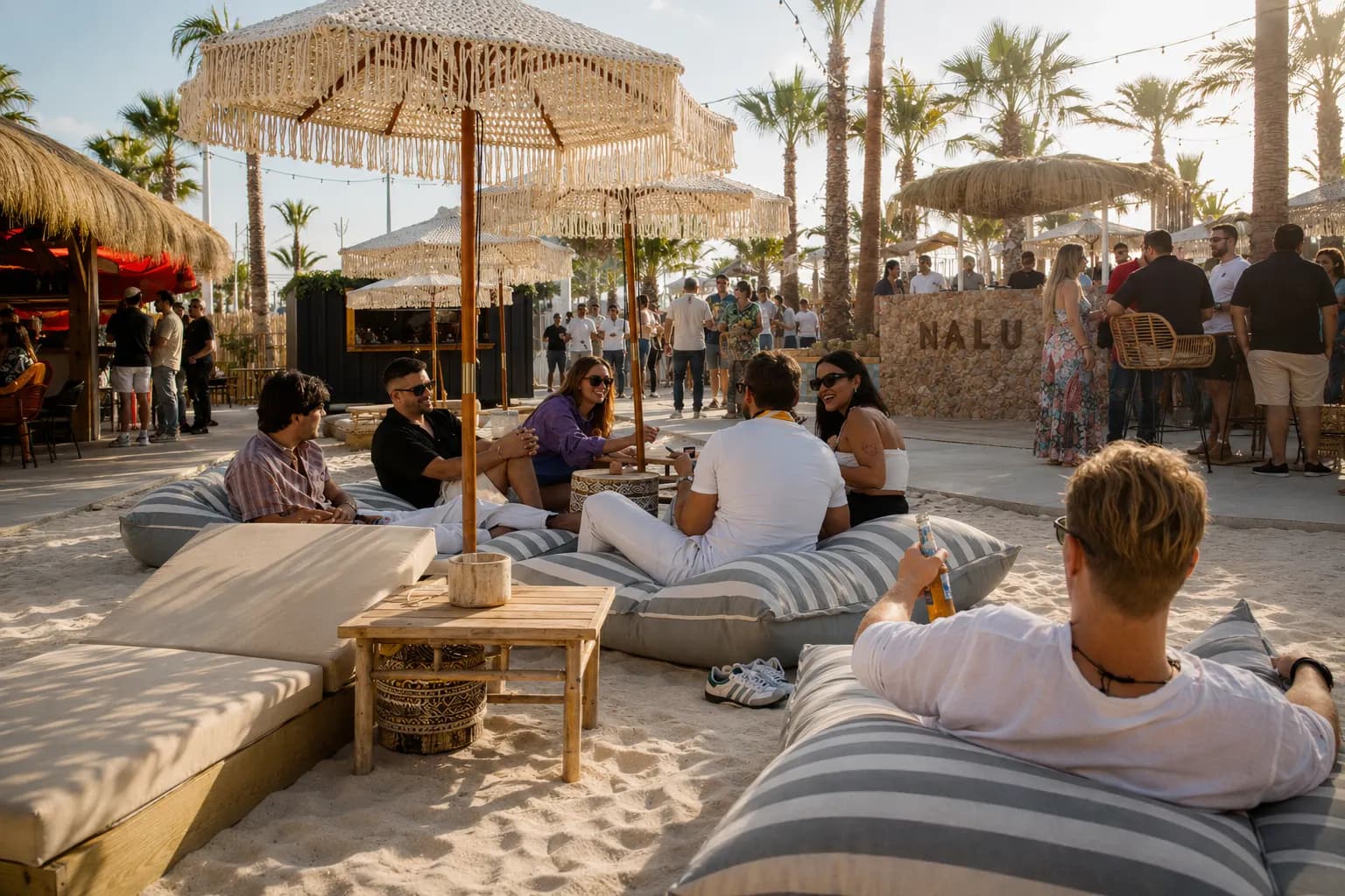 Friends relax together at a palm-lined beach club in Alicante