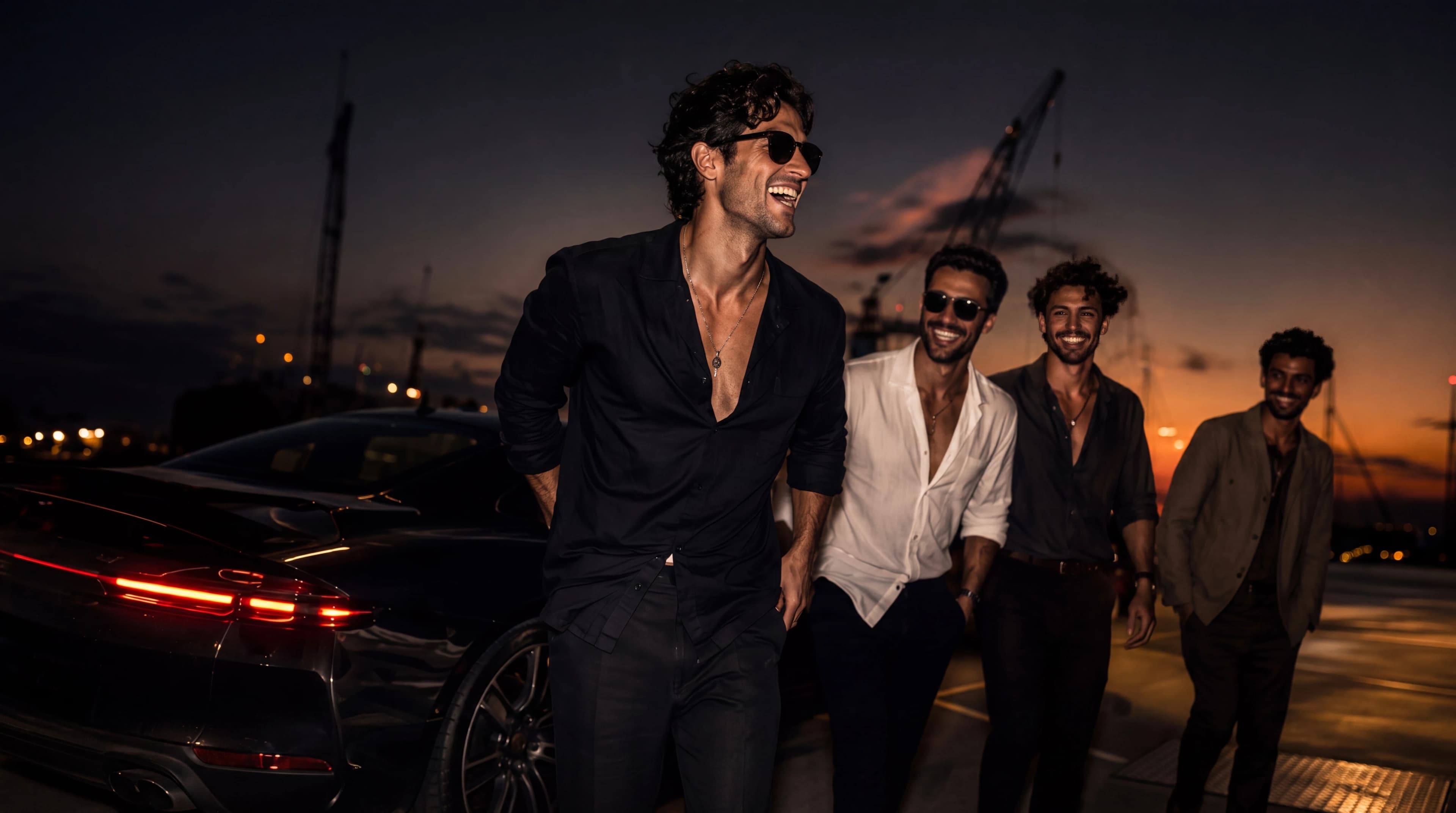 Four friends arriving beside a sports car at a marina at sunset