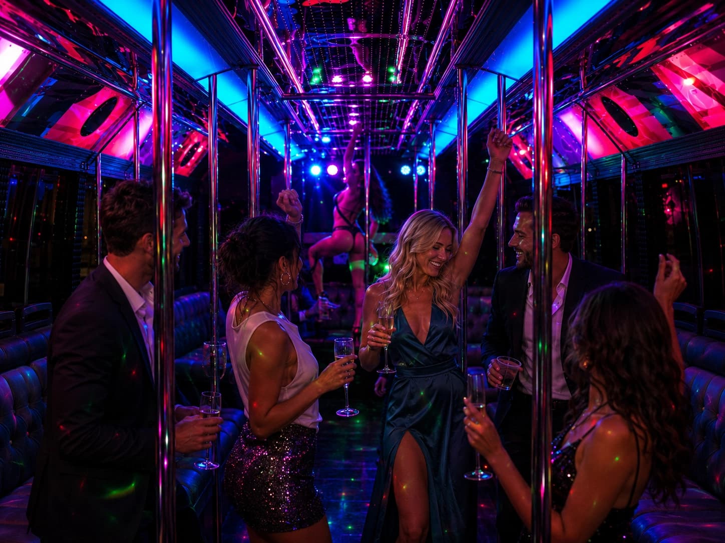 Friends dance and raise drinks inside a private neon-lit party bus