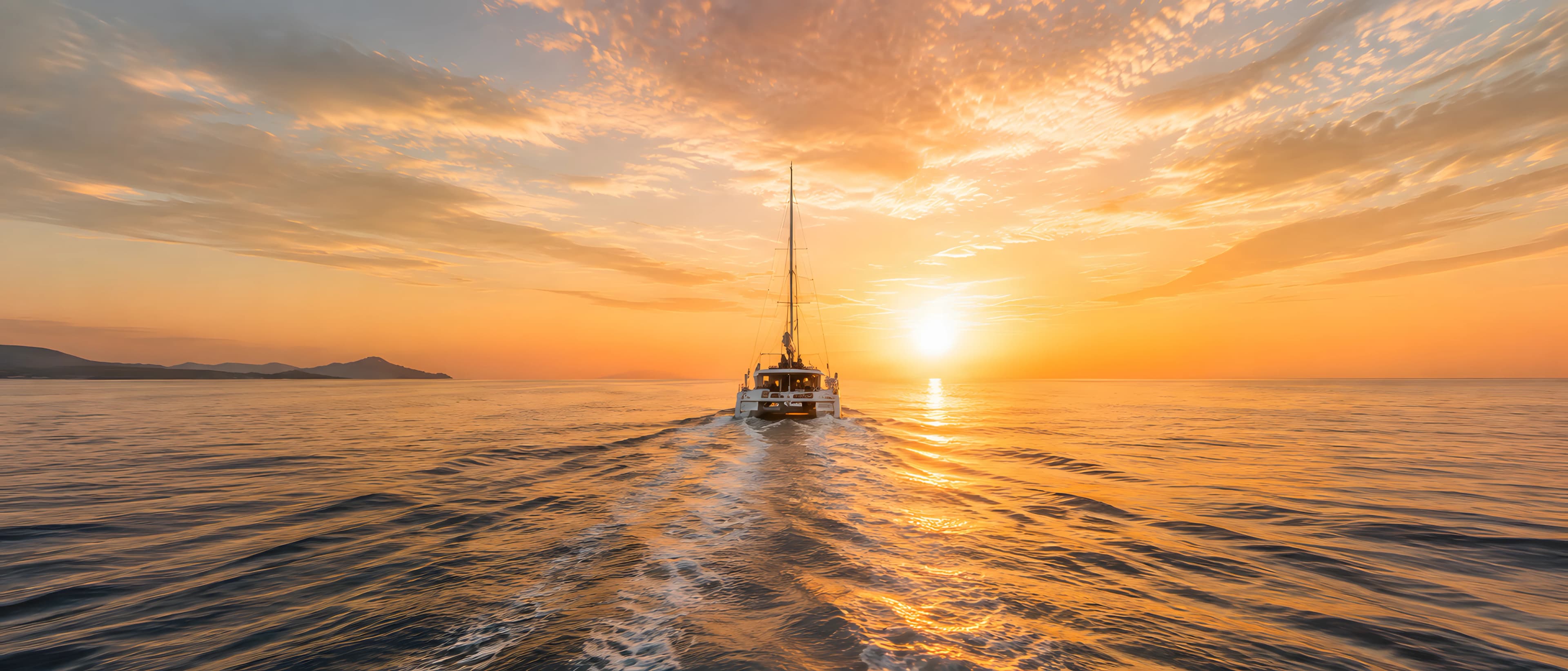 A motorboat crosses dark water toward the setting sun